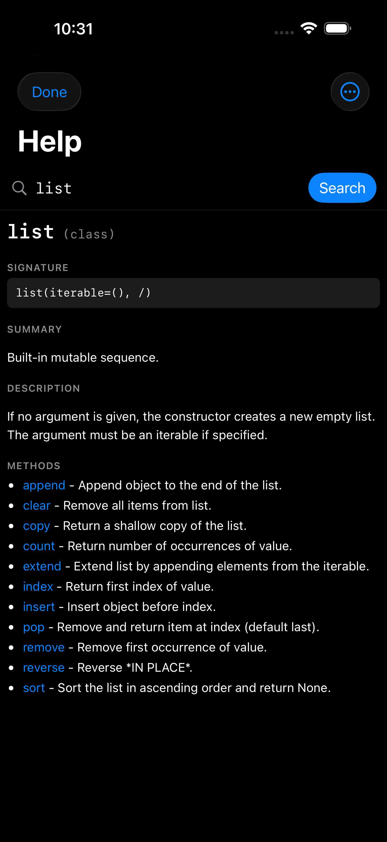 iPhone Console in dark mode with help(list) showing the Help sheet