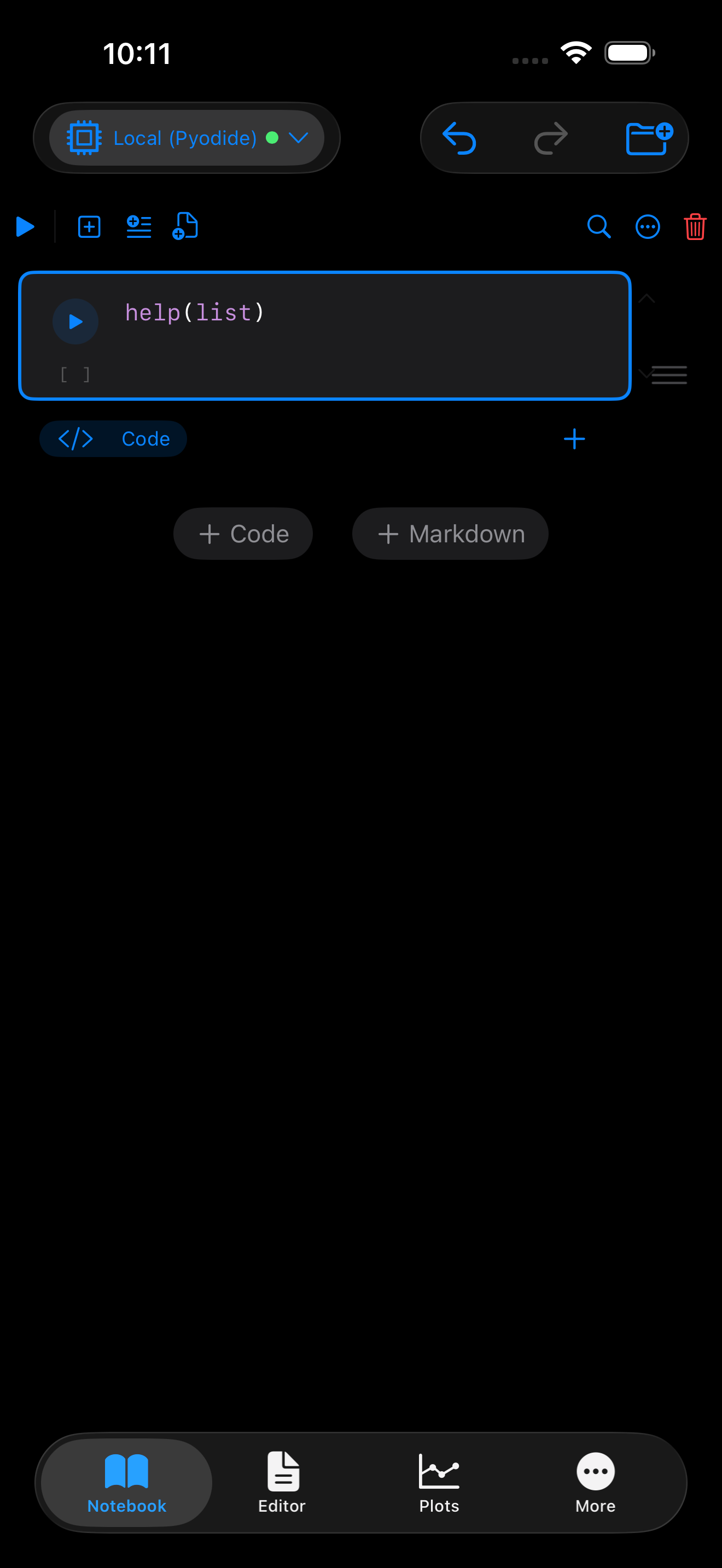 help(list) in a notebook cell, before running it in dark mode