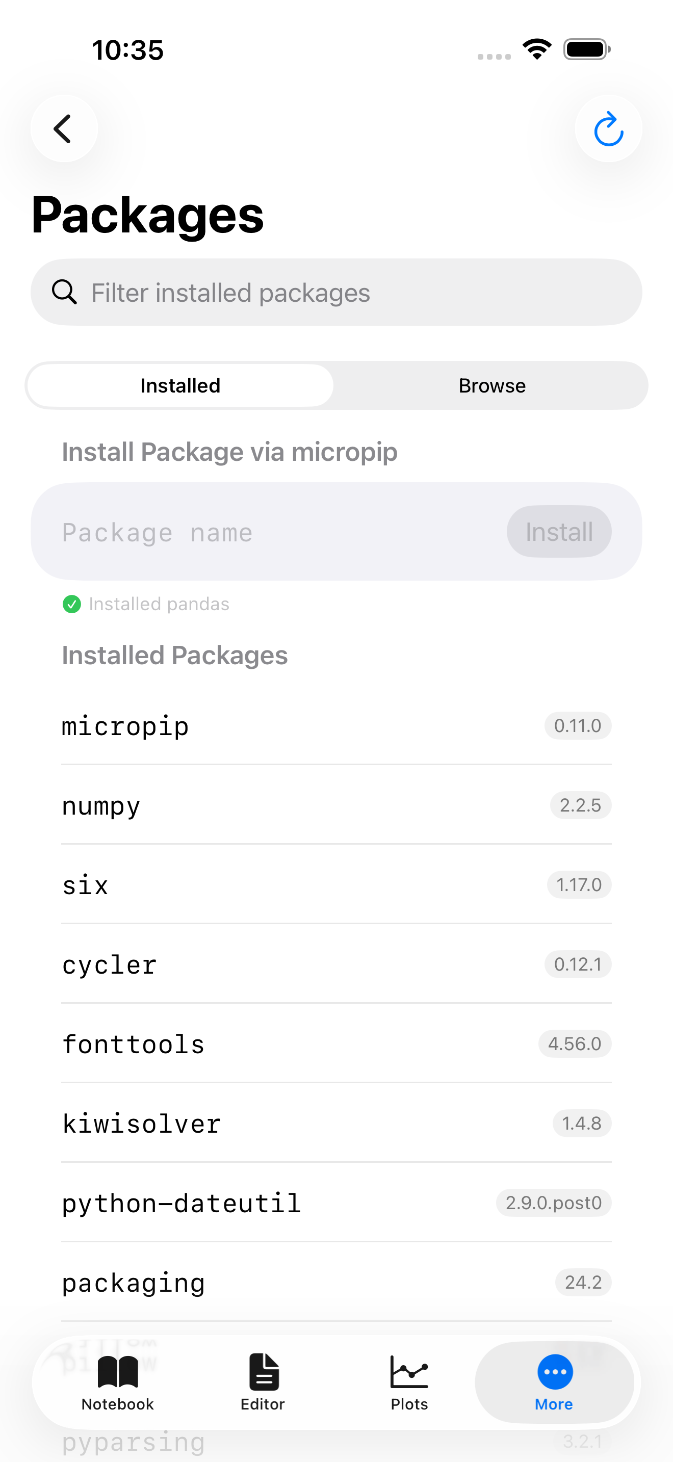 Packages tab on iPhone showing installed packages in the list below the install field