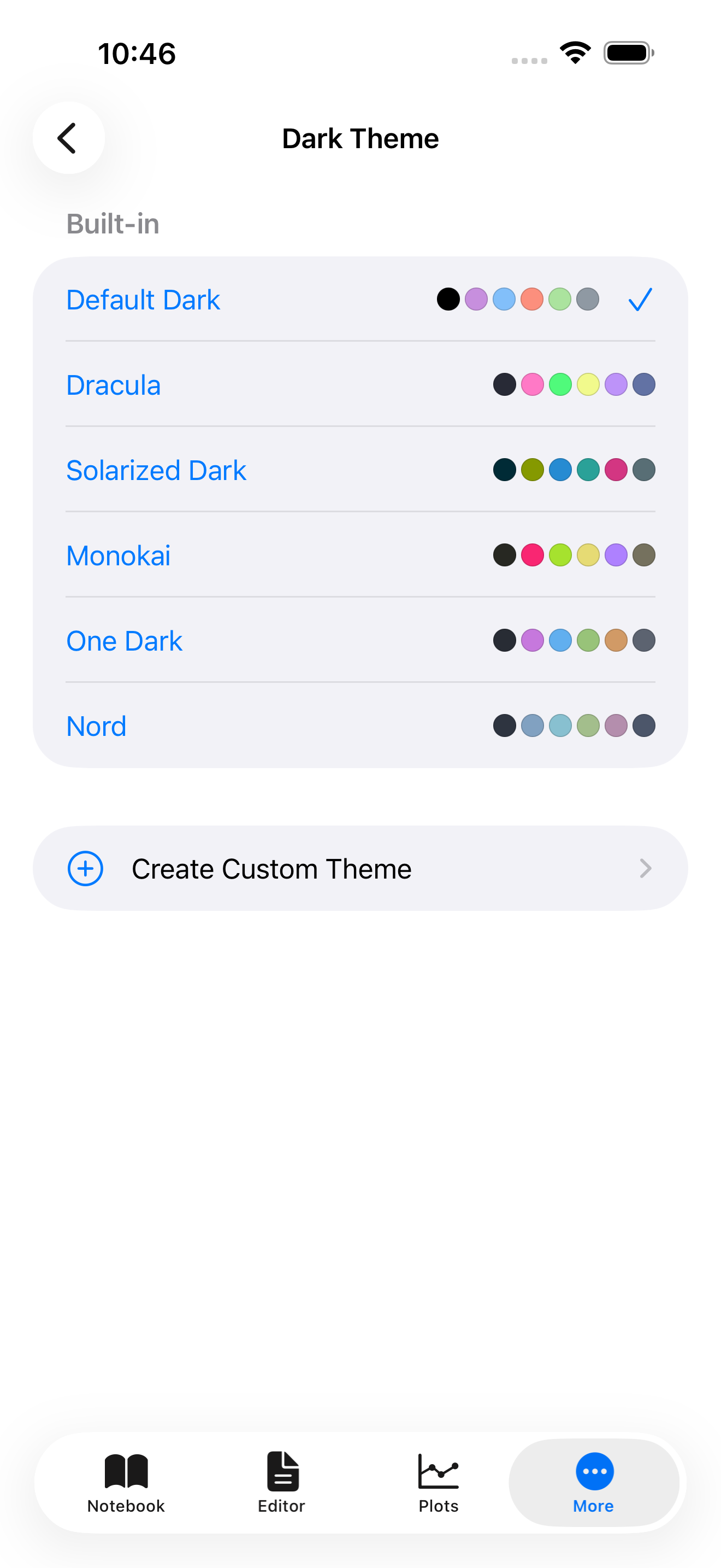 Dark theme picker on iPhone showing 6 themes with color swatches