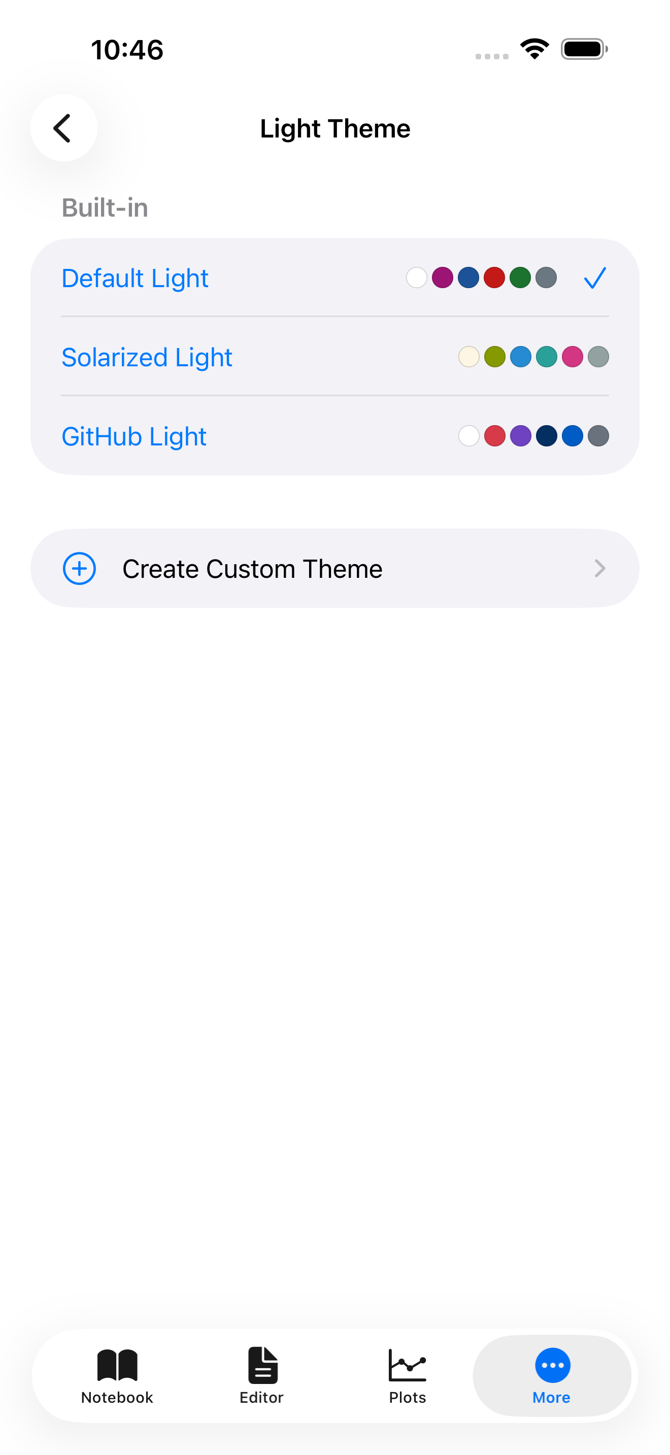 Light theme picker on iPhone showing 3 themes