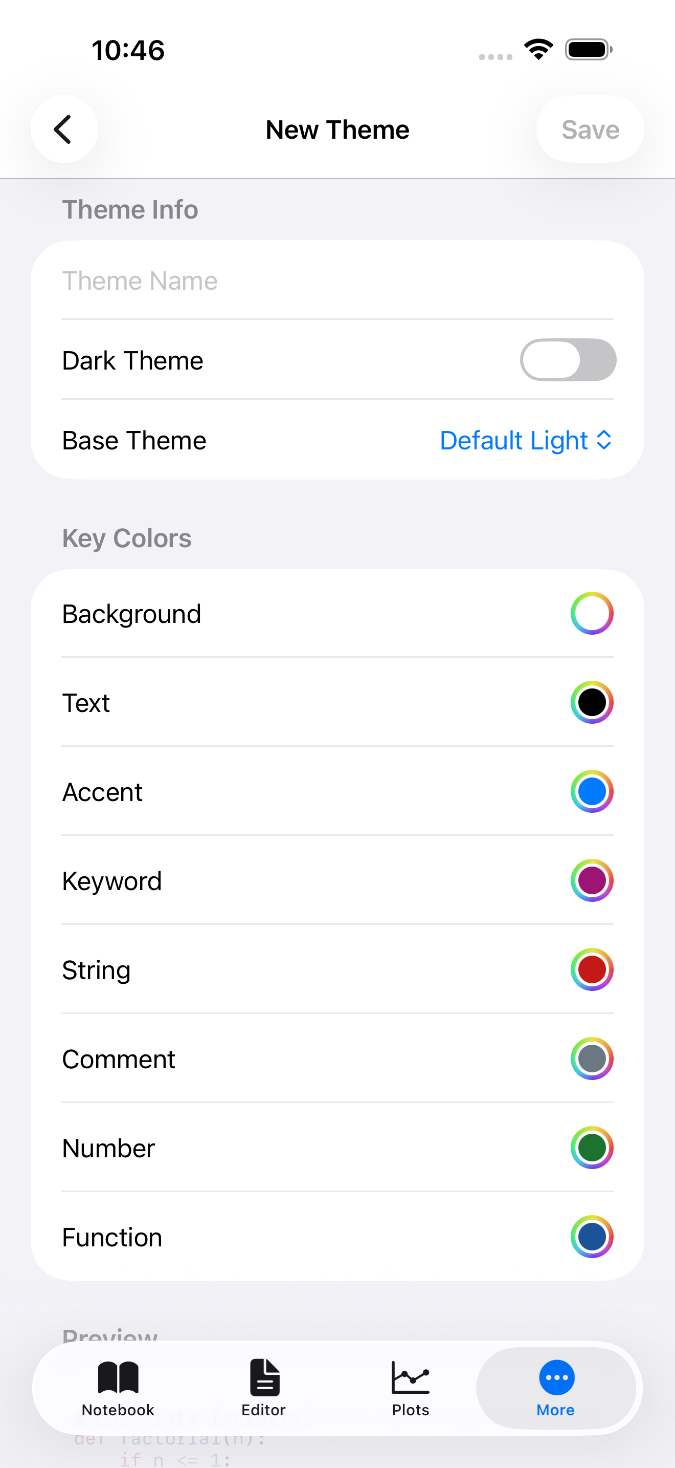 Theme editor on iPhone showing key colors and live preview