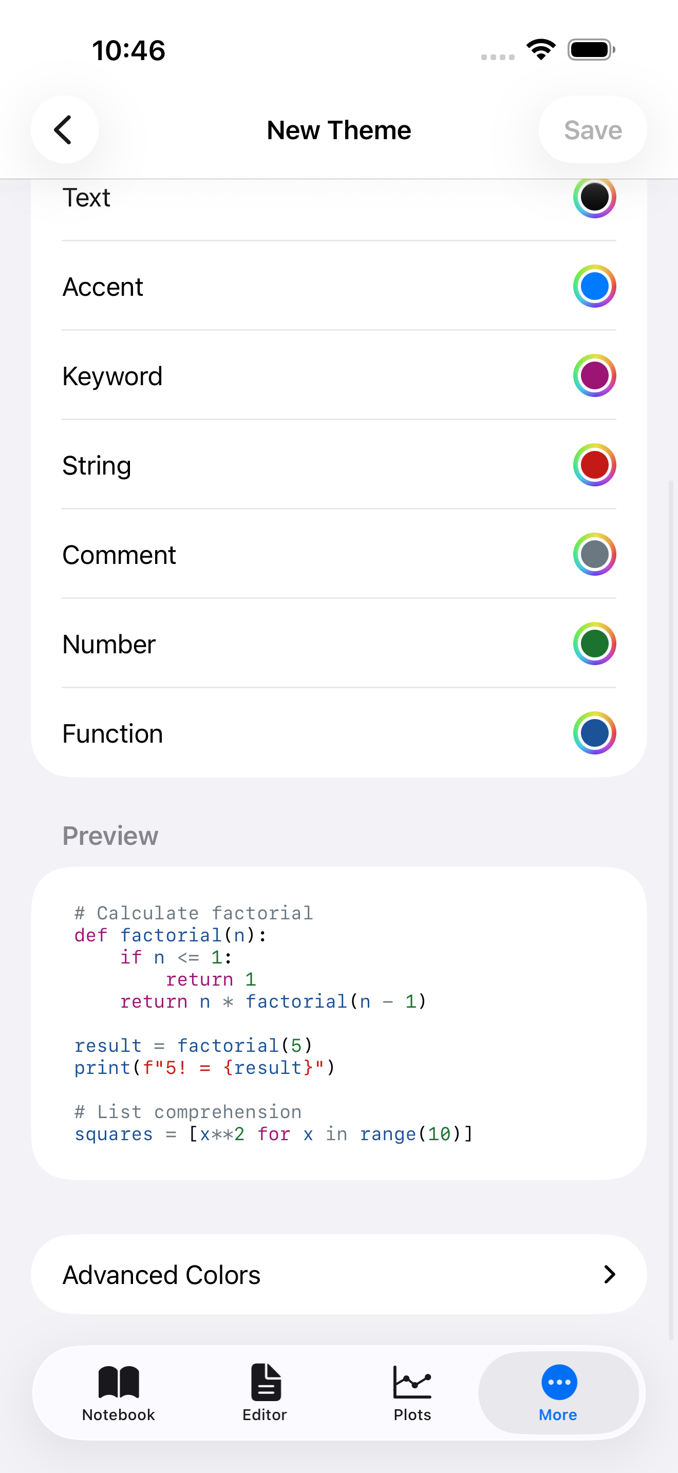 Theme editor live preview with syntax-highlighted code on iPhone