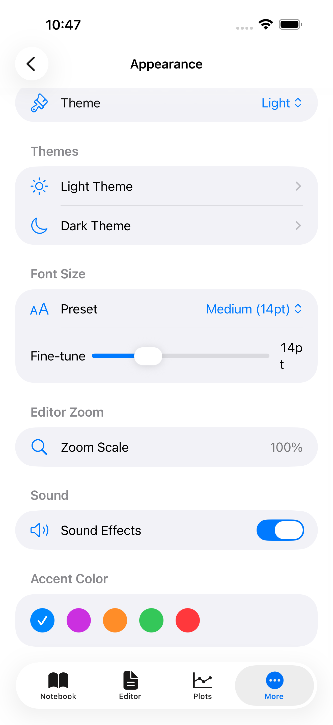 Accent color selector on iPhone showing five color options