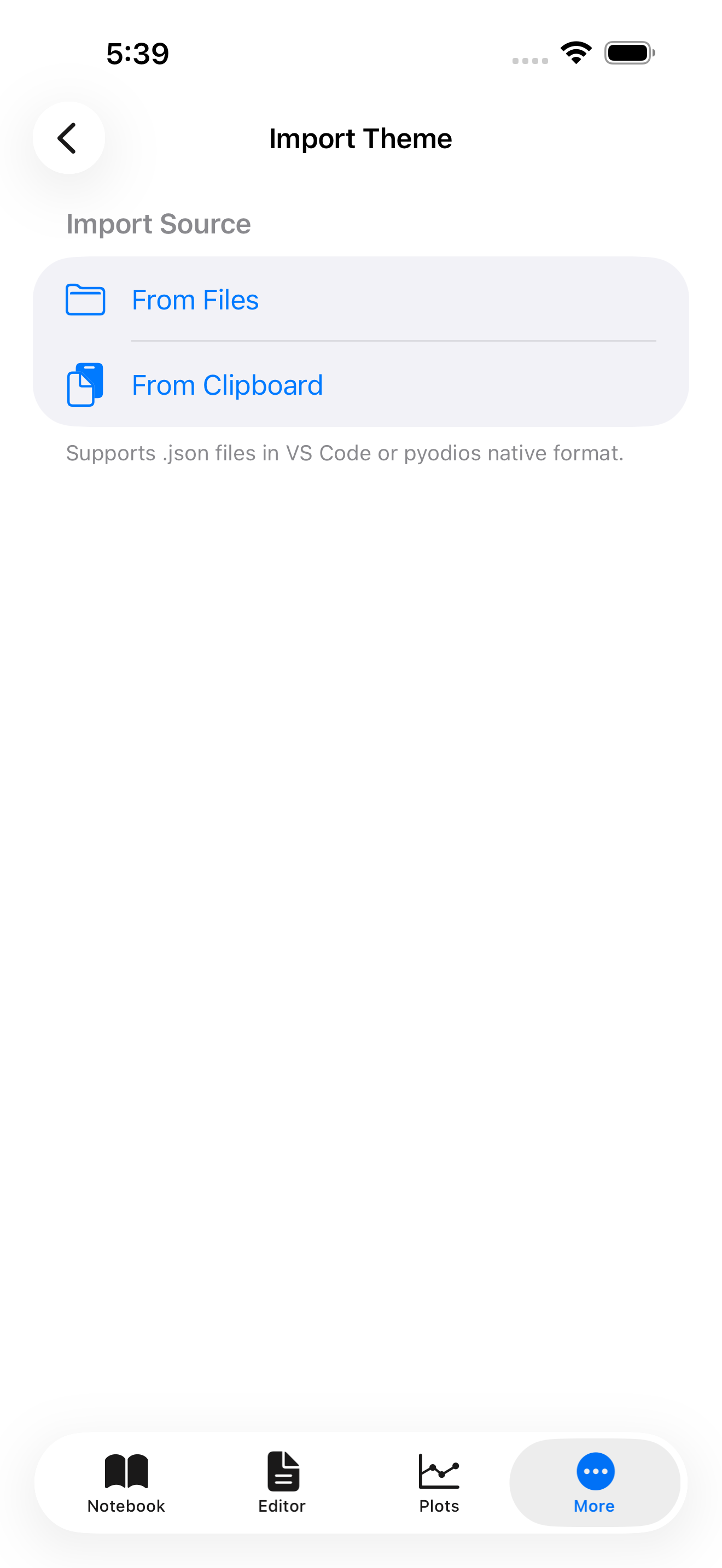 Import Theme screen on iPhone offering From Files and From Clipboard, with a note that it supports VS Code and Pyodios JSON
