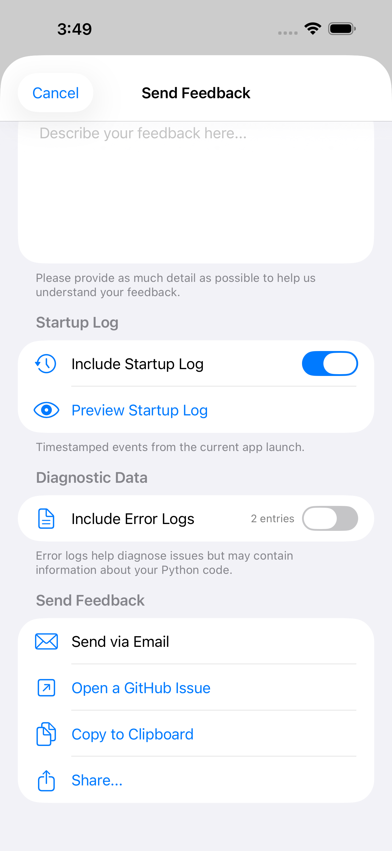The Send Feedback form on iPhone scrolled to the sending options: Send via Email, Open a GitHub Issue, Copy to Clipboard and Share