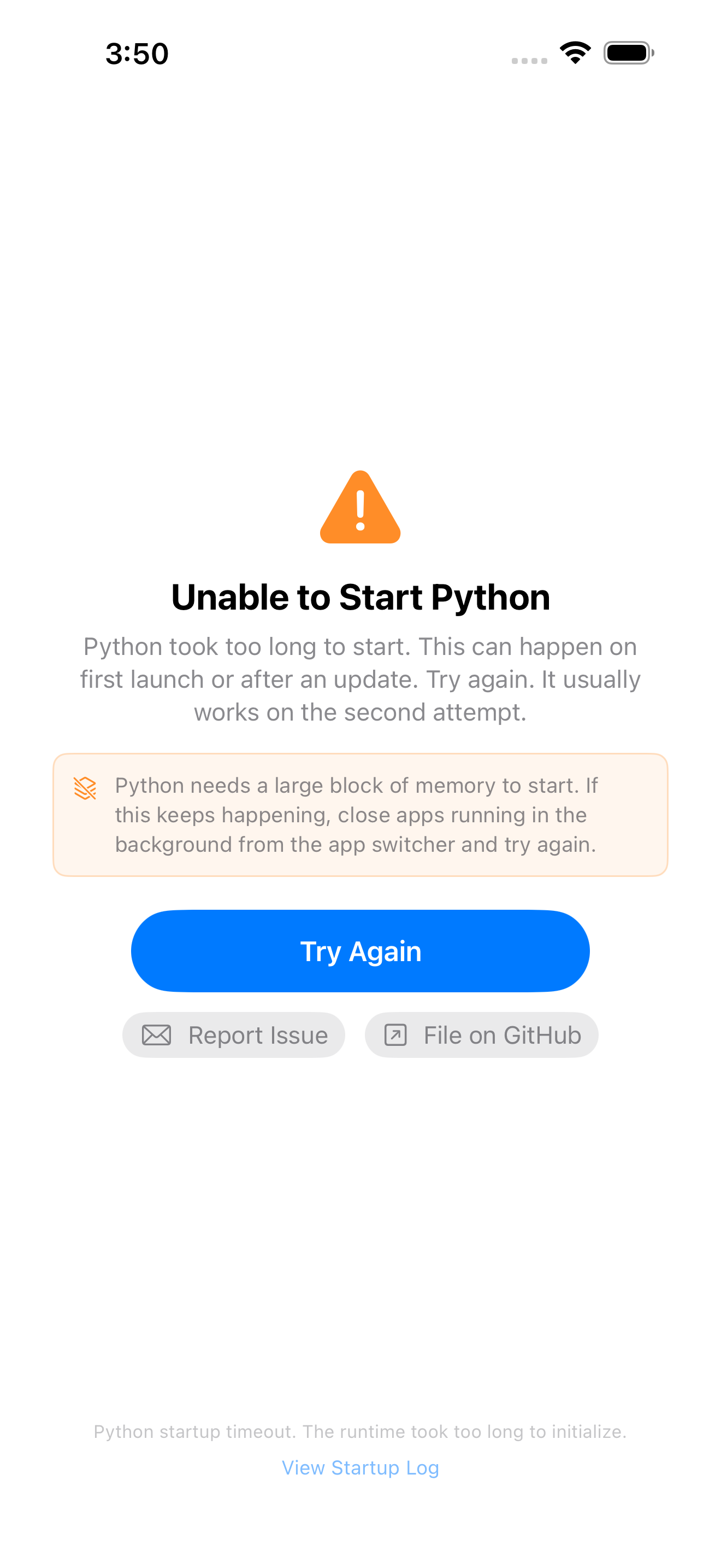 The Unable to Start Python screen on iPhone, offering Report Issue and File on GitHub