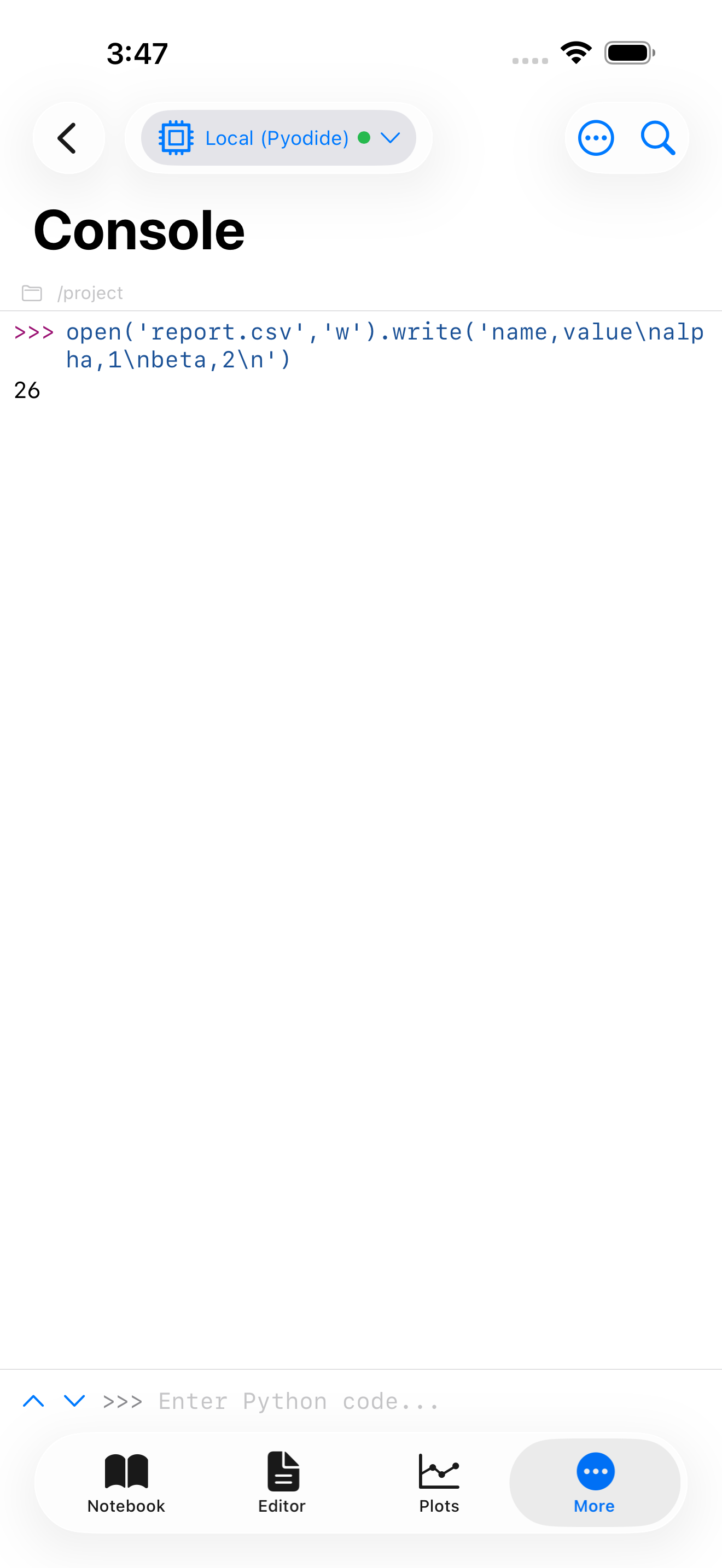 Console writing report.csv into the open project