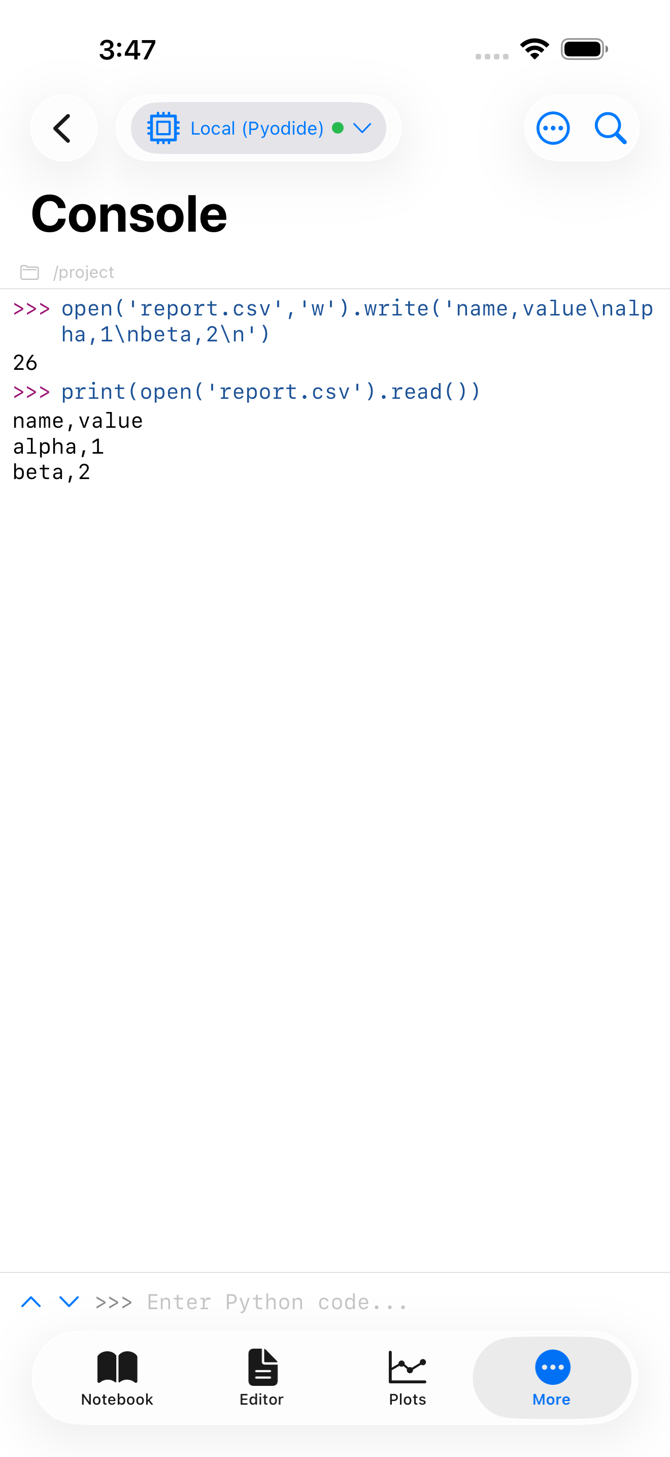 Console reading report.csv back and printing its contents