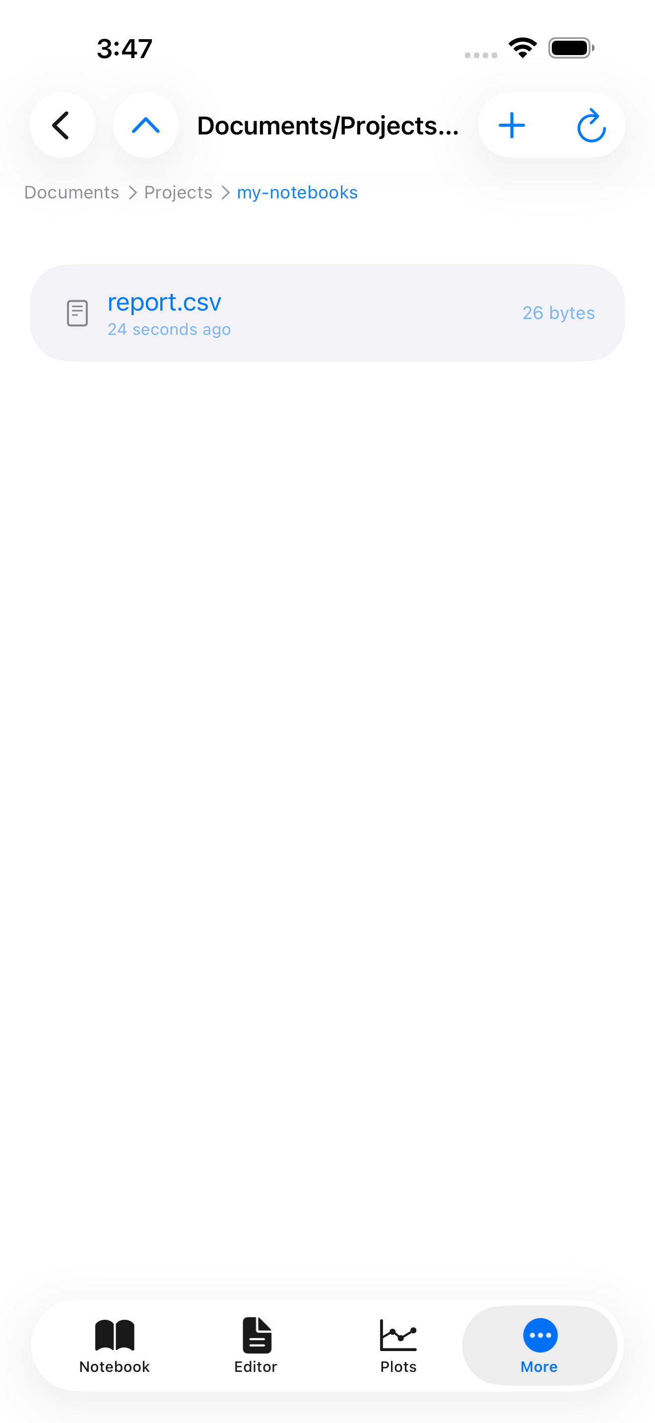 report.csv listed in the Files browser inside the project folder