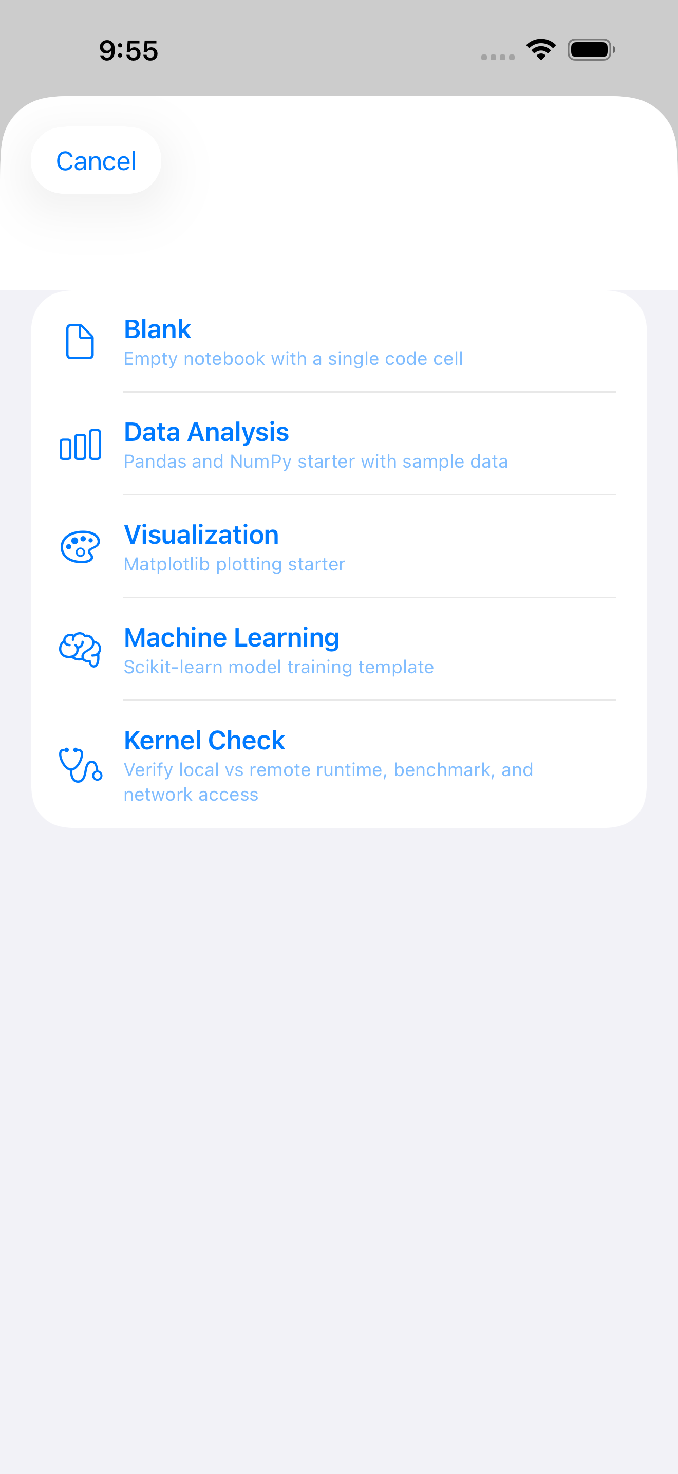 Template picker listing Blank, Data Analysis, Visualization, Machine Learning and Kernel Check