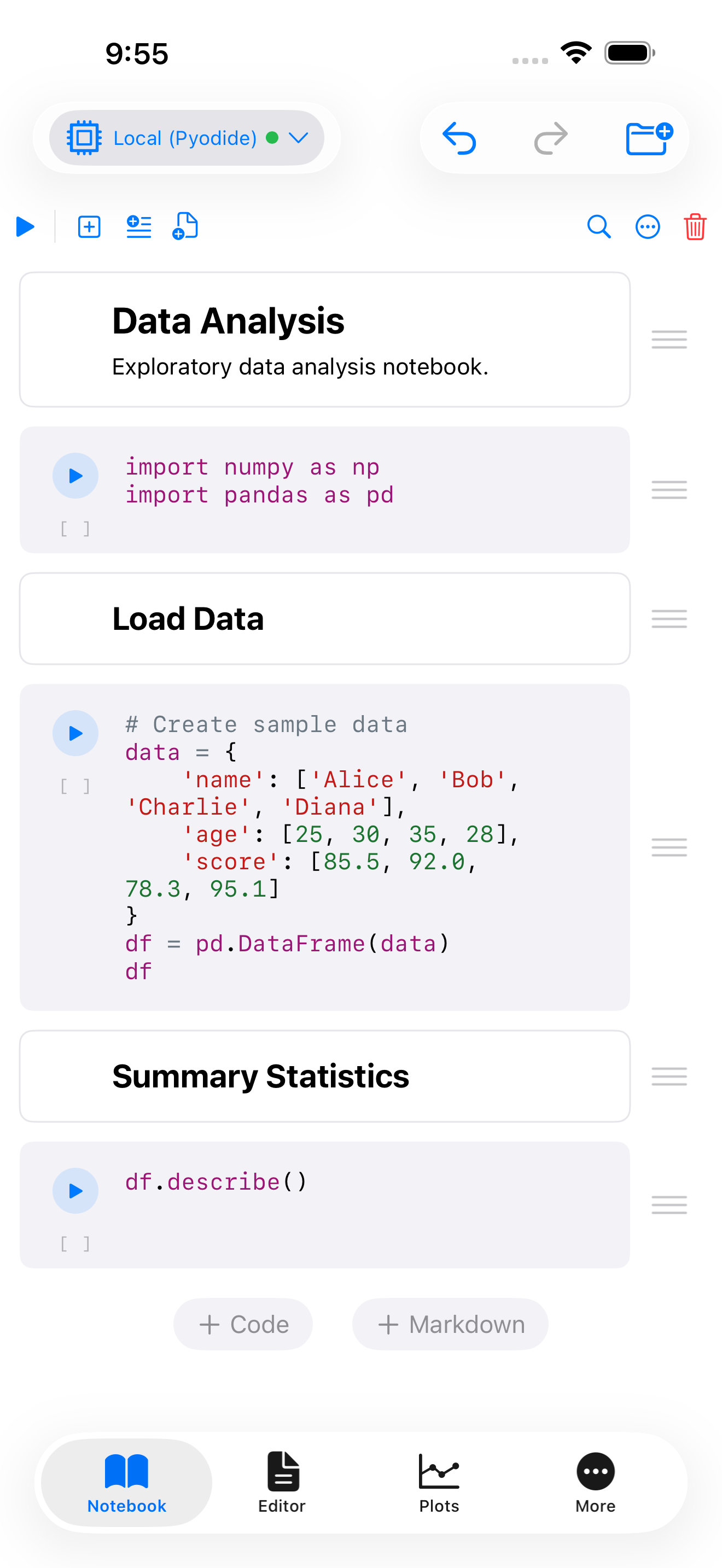 Data Analysis template: pandas import and a DataFrame of sample data