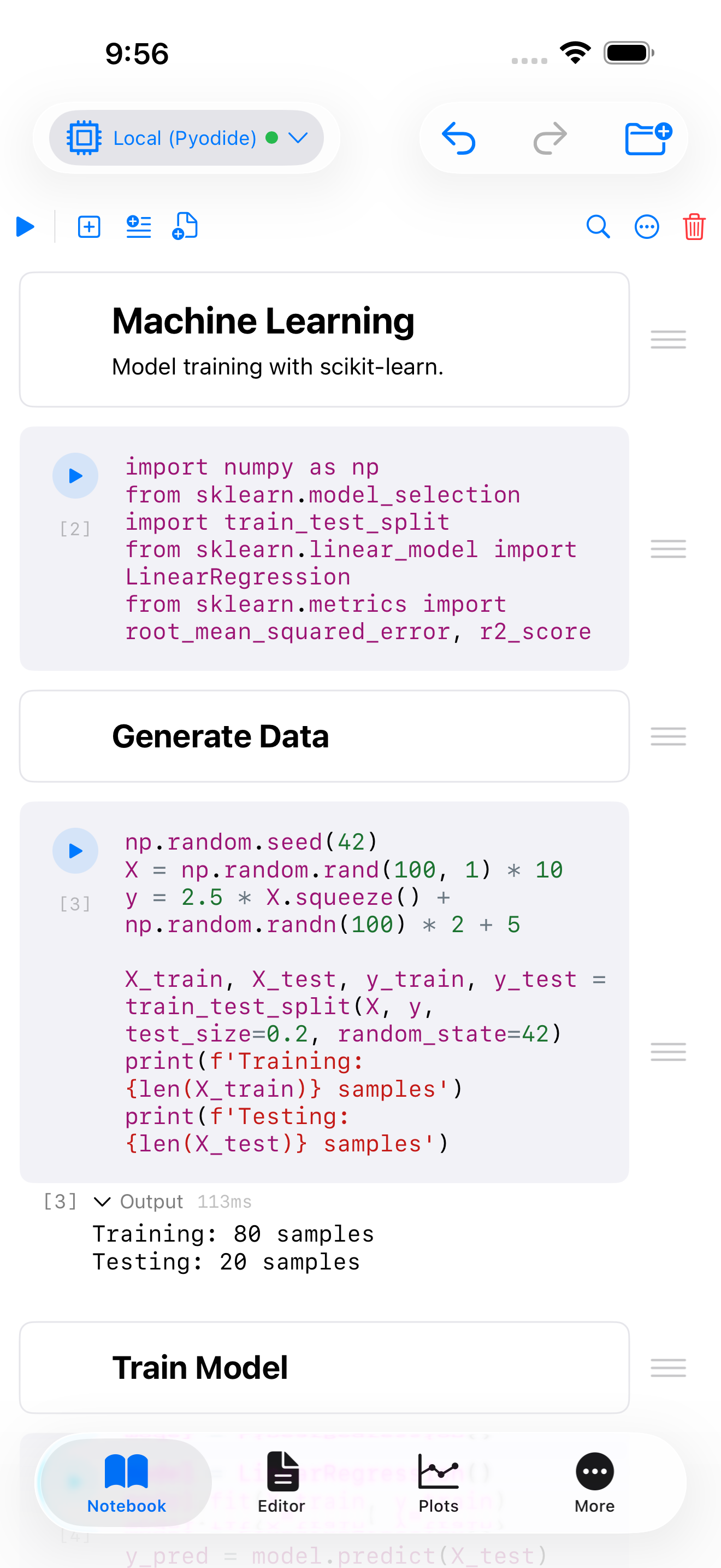 Machine Learning template after running: R squared and RMSE printed, variables in the Environment pane