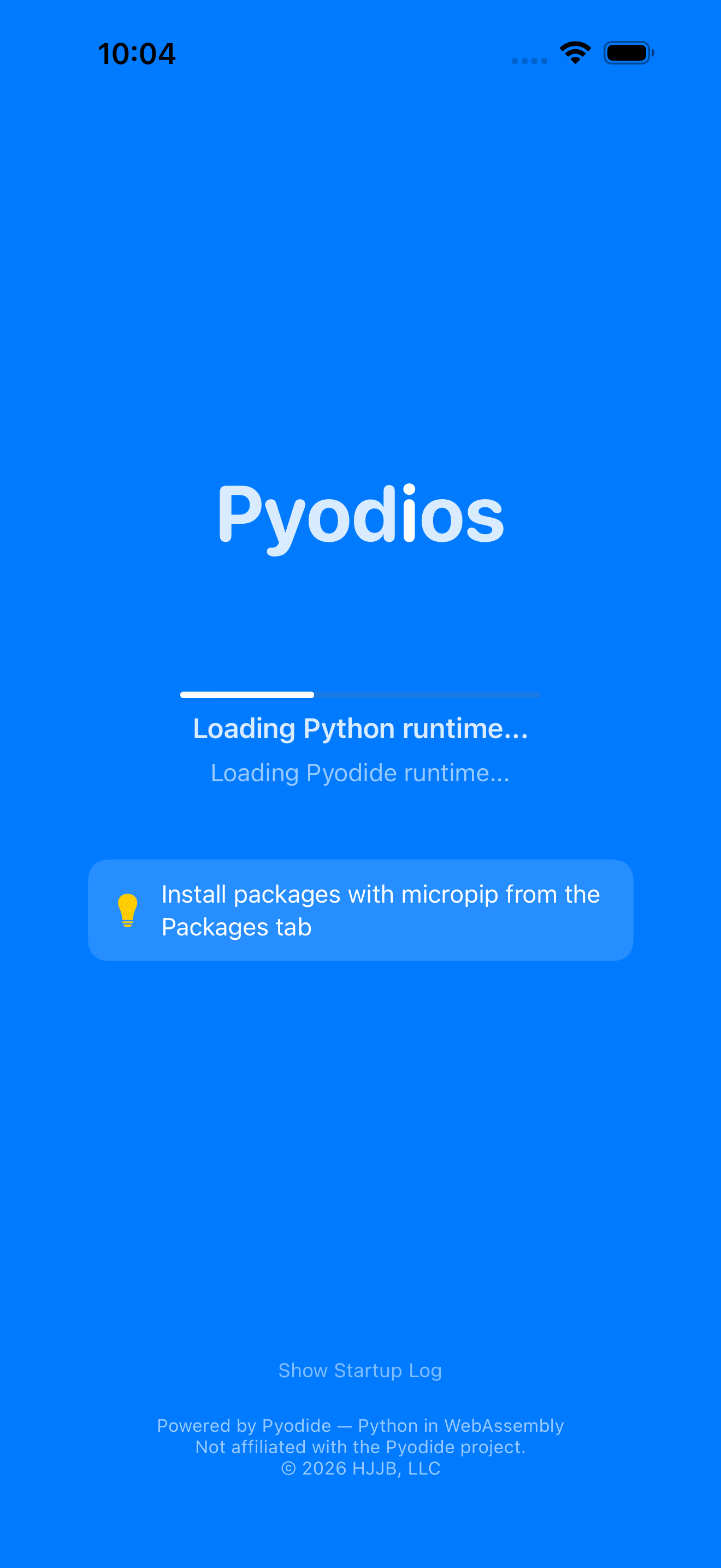 Pyodios loading screen with progress bar on iPhone