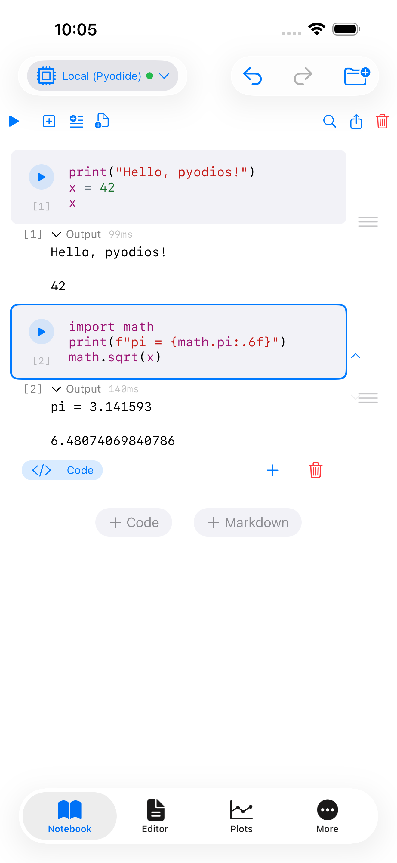 Notebook with math output on iPhone
