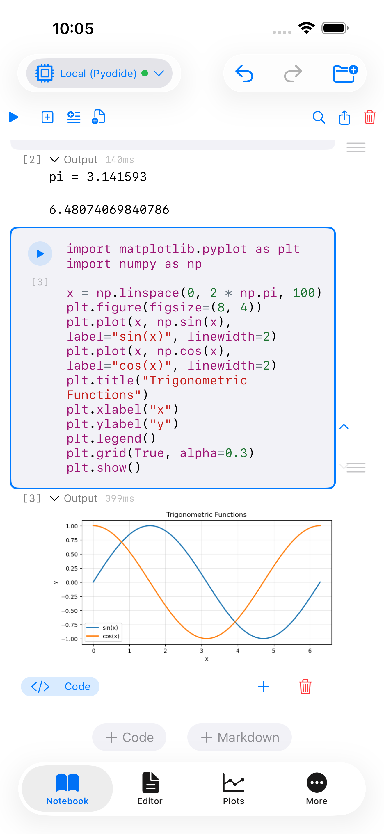 Notebook with plot code and inline output on iPhone