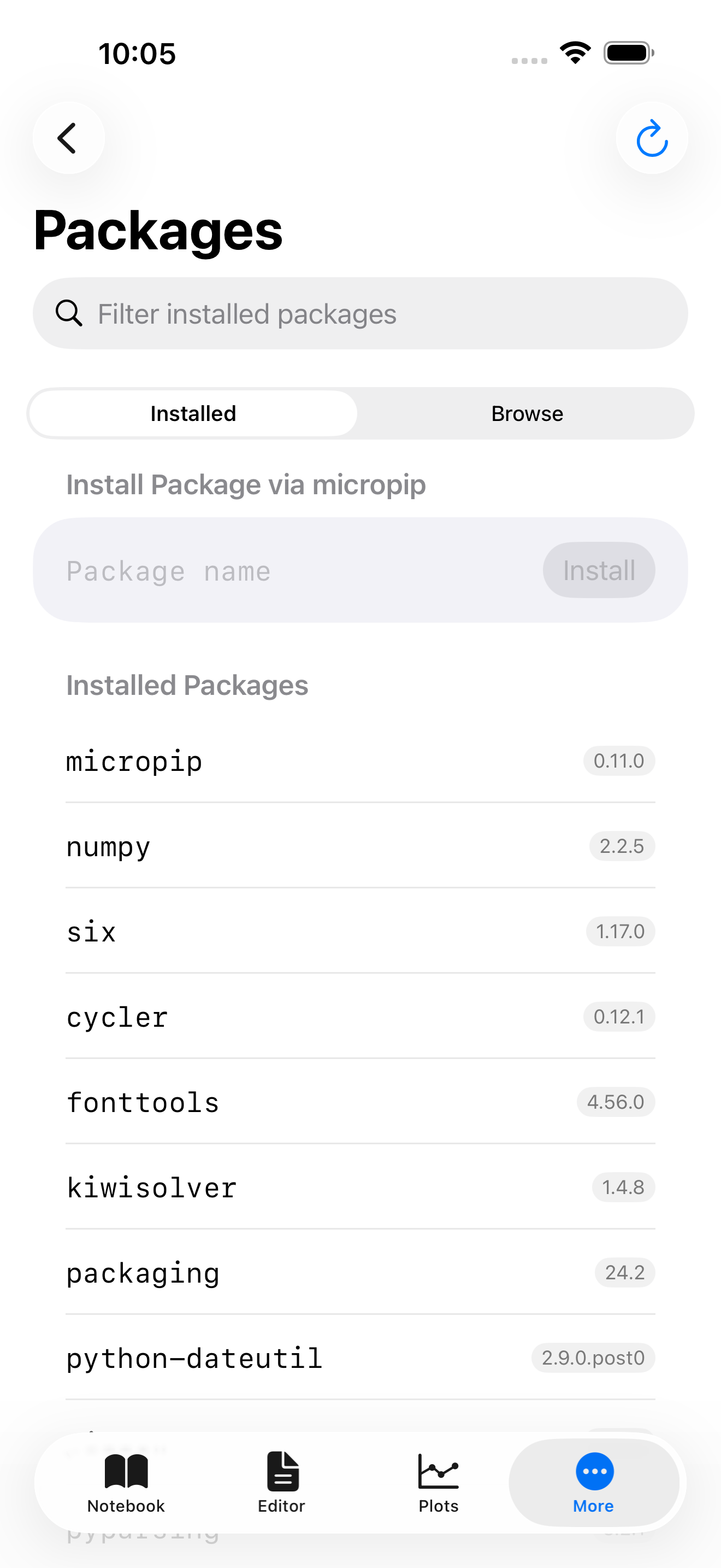 Packages tab on iPhone with inline Install Package field visible above the Installed Packages list