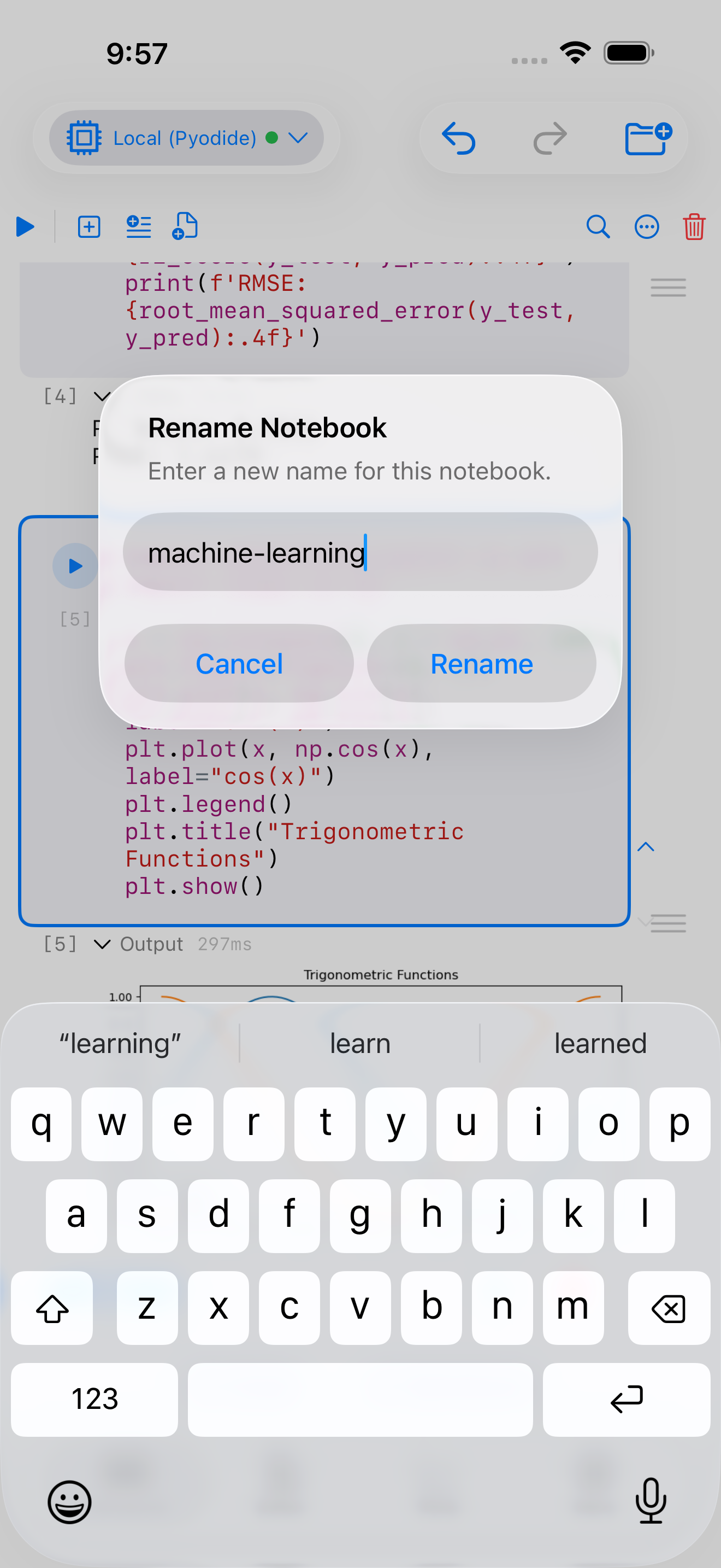 Rename Notebook dialog on iPhone with the current name filled in and Cancel and Rename buttons
