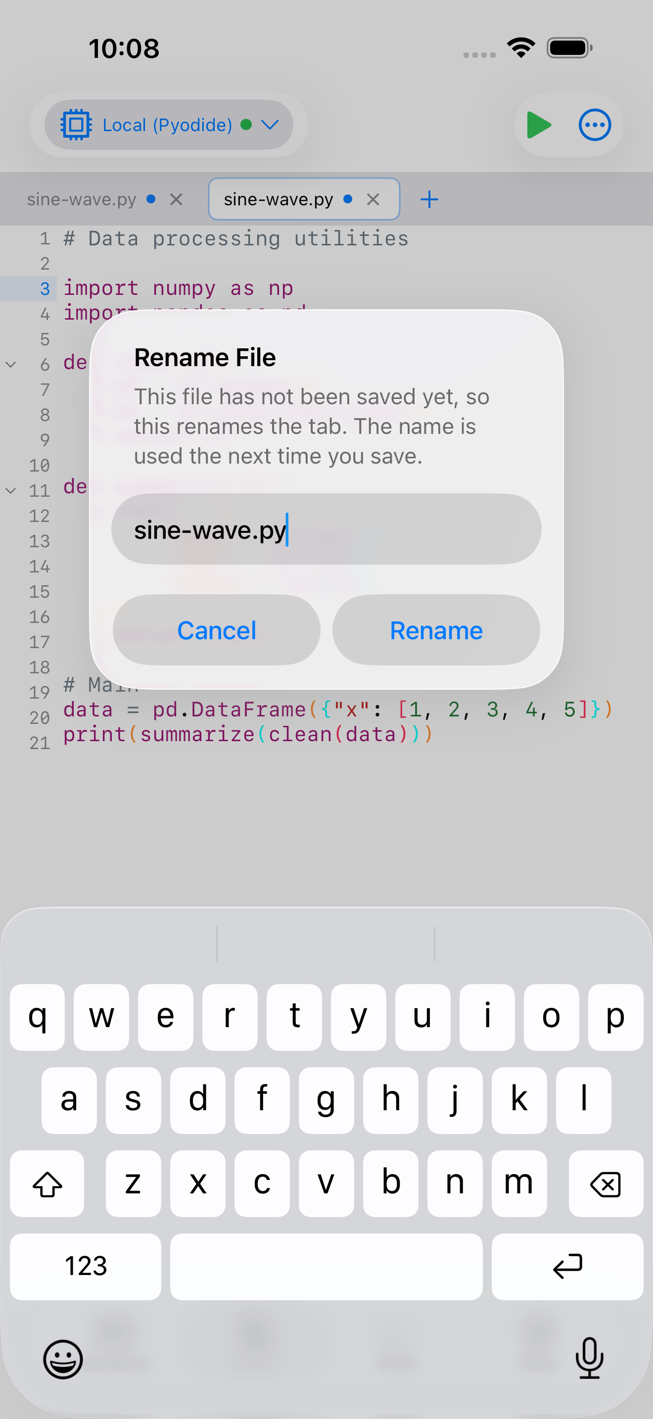 Rename File dialog in the Editor on iPhone, pre-filled with the current file name and explaining that an unsaved file is only retitled