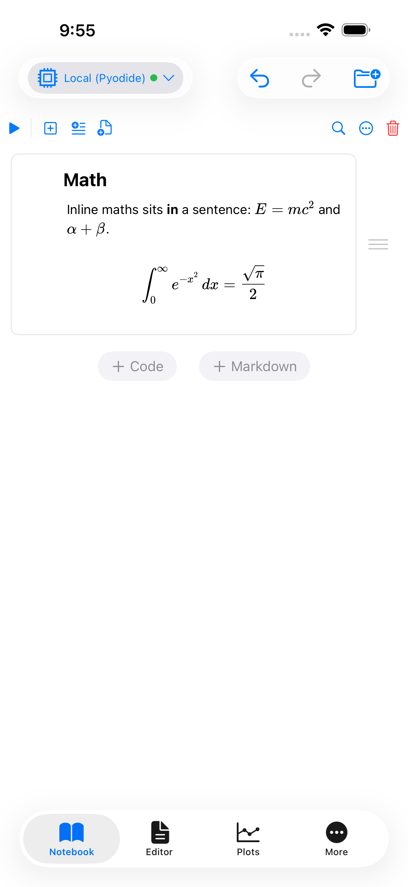 Markdown cell on iPhone showing inline maths inside a sentence and a centred display equation