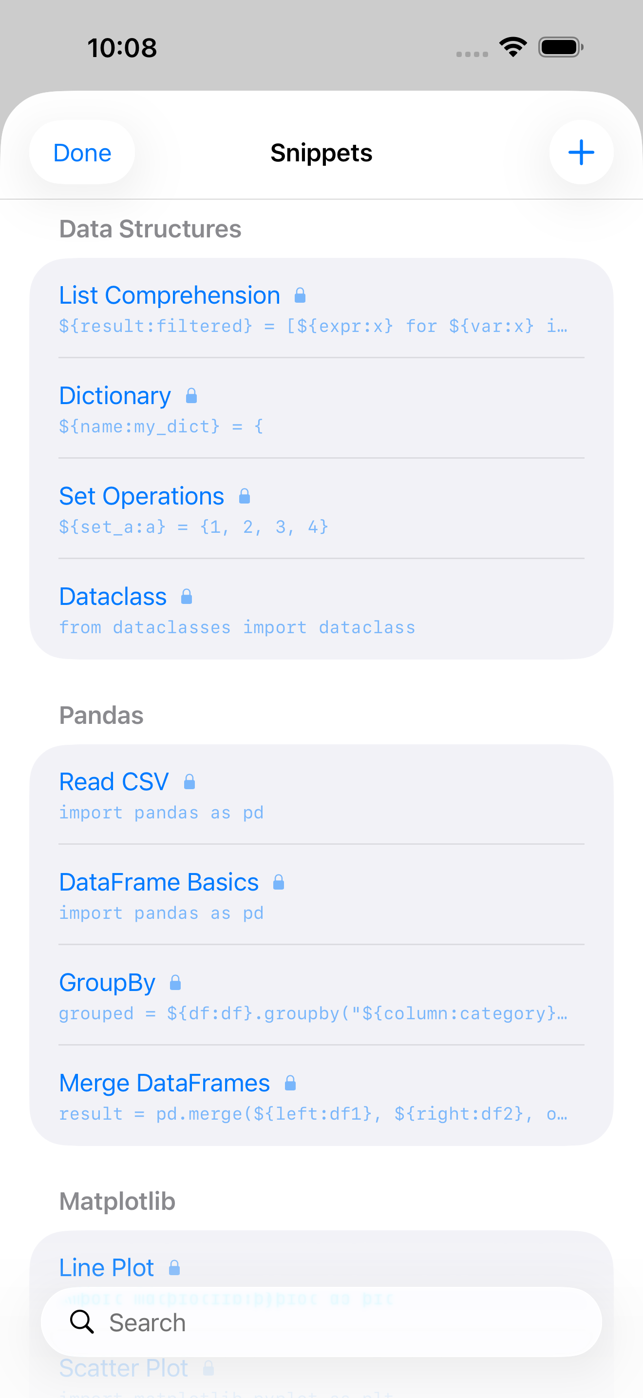 The snippets list in the Editor