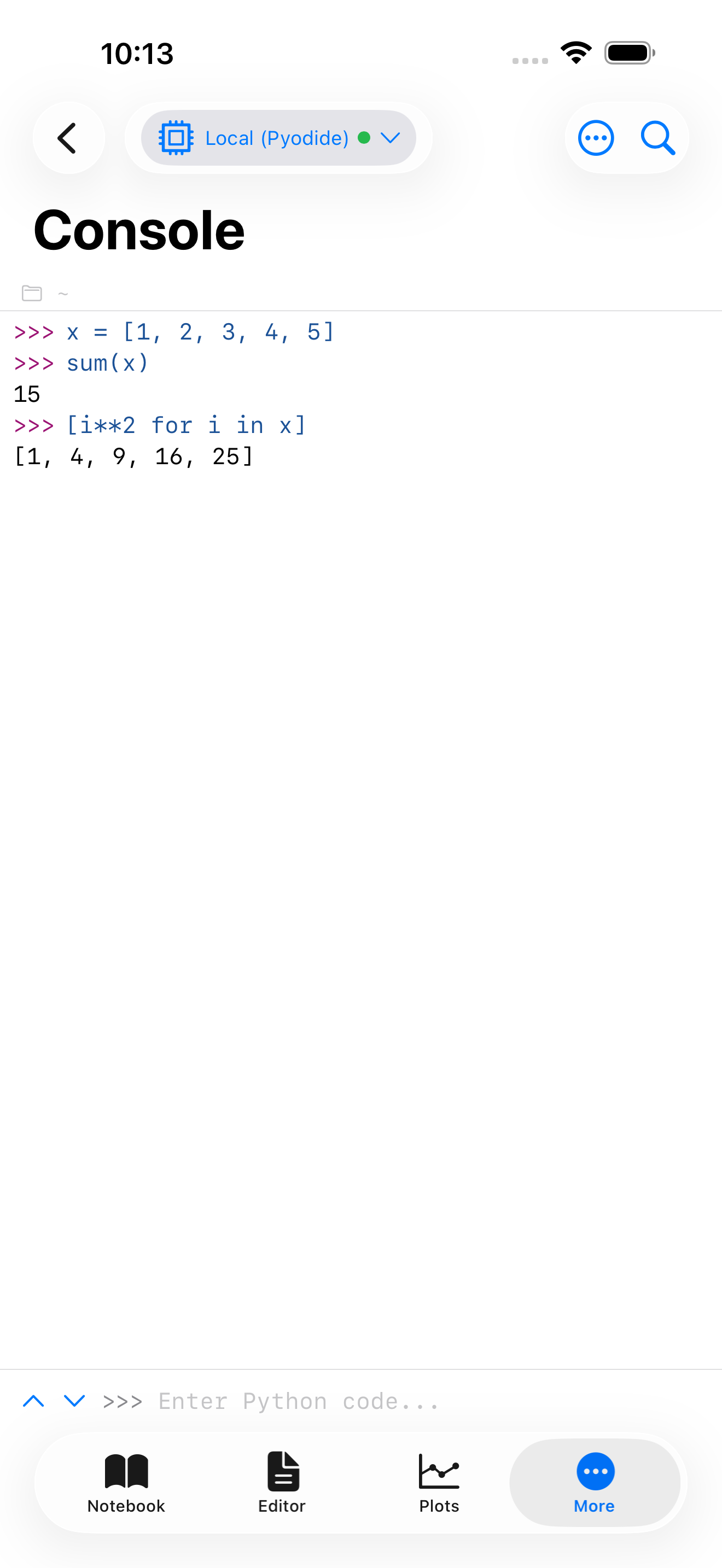 Console after running list comprehension on iPhone