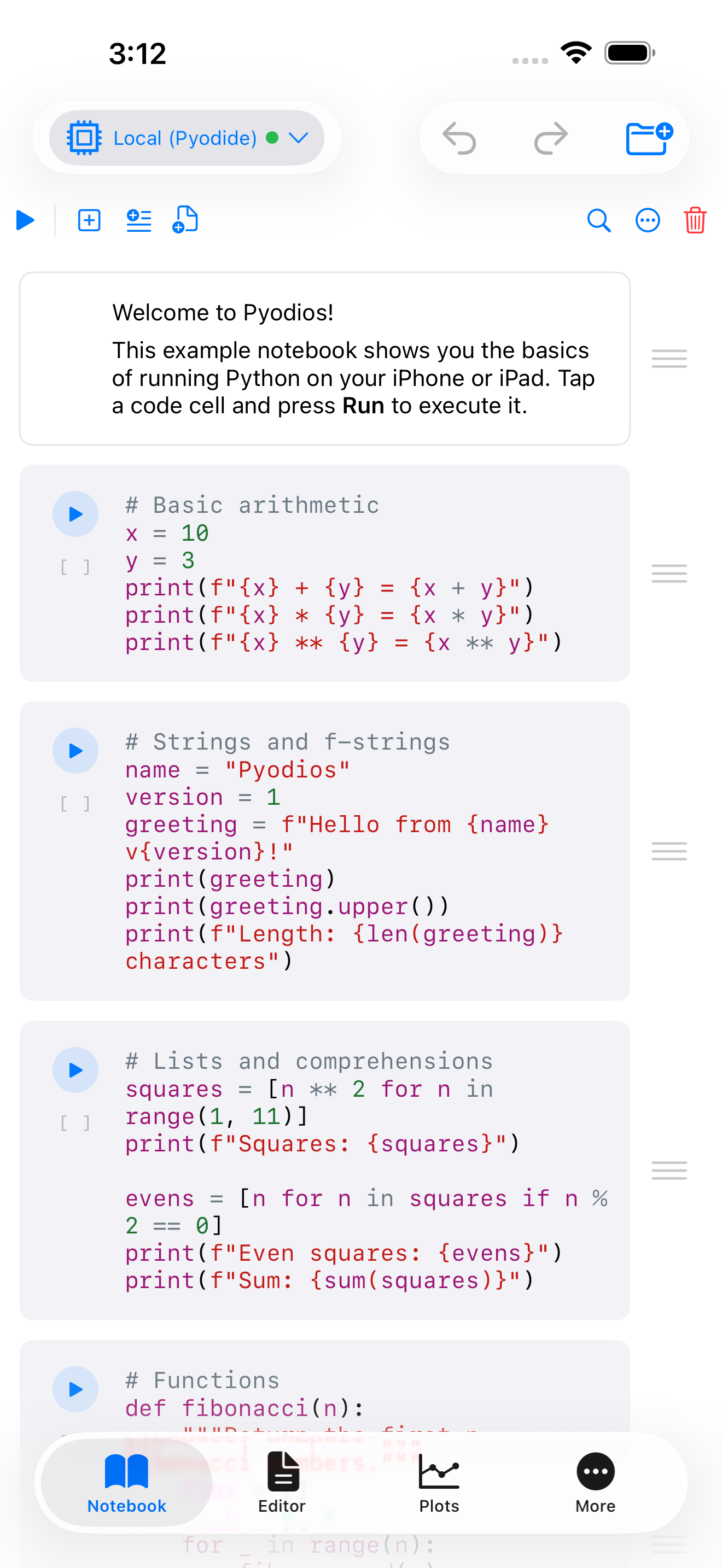 ExampleNotebook open on iPhone, showing the Welcome to Pyodios overview above the first code cell