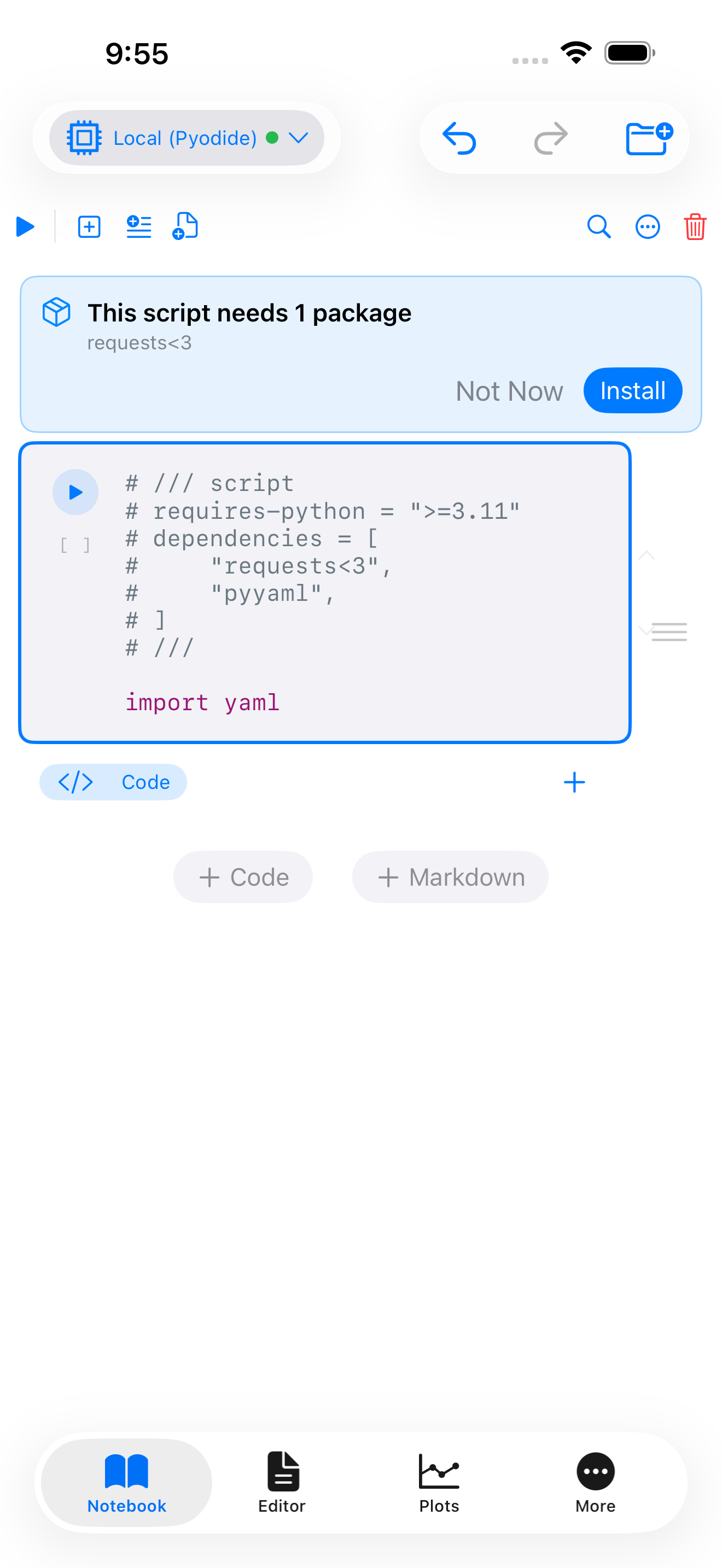The script dependency banner on iPhone reading This script needs 2 packages, listing requests<3 and pyyaml, with Not Now and Install buttons above the cell holding the PEP 723 block