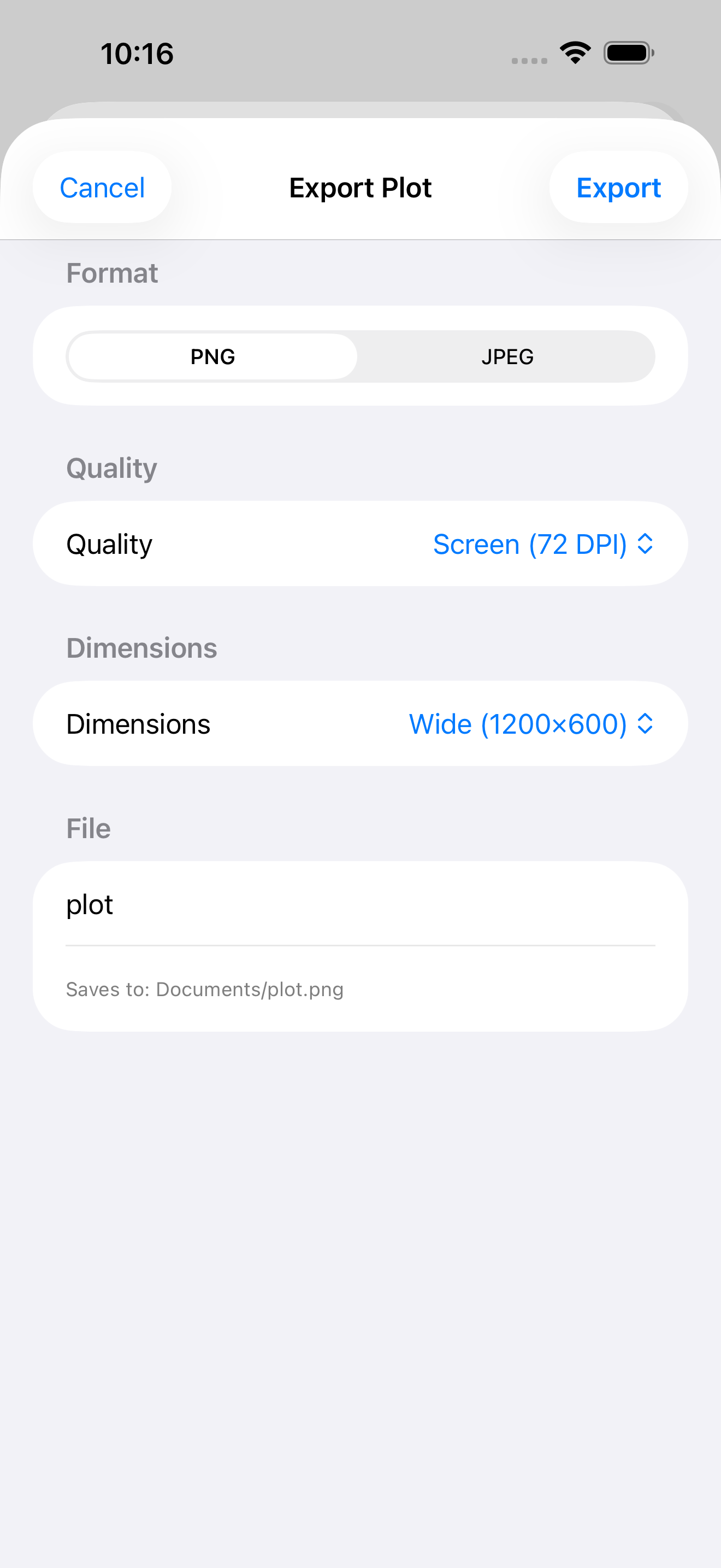Plot export options on iPhone