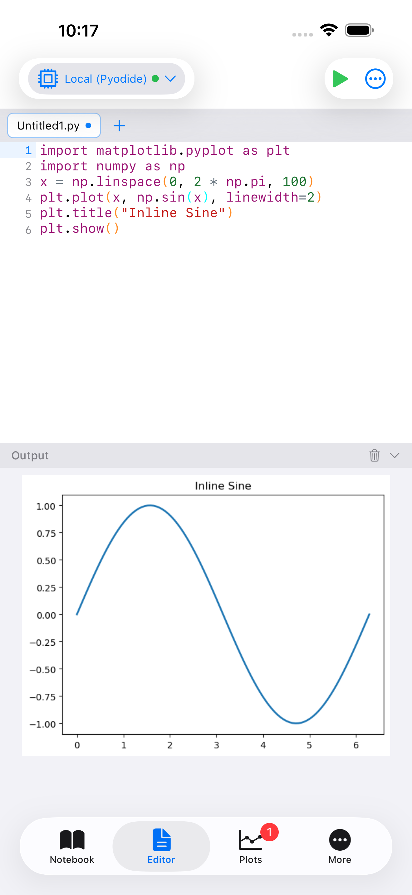 Editor with an inline matplotlib plot in its output tray on iPhone