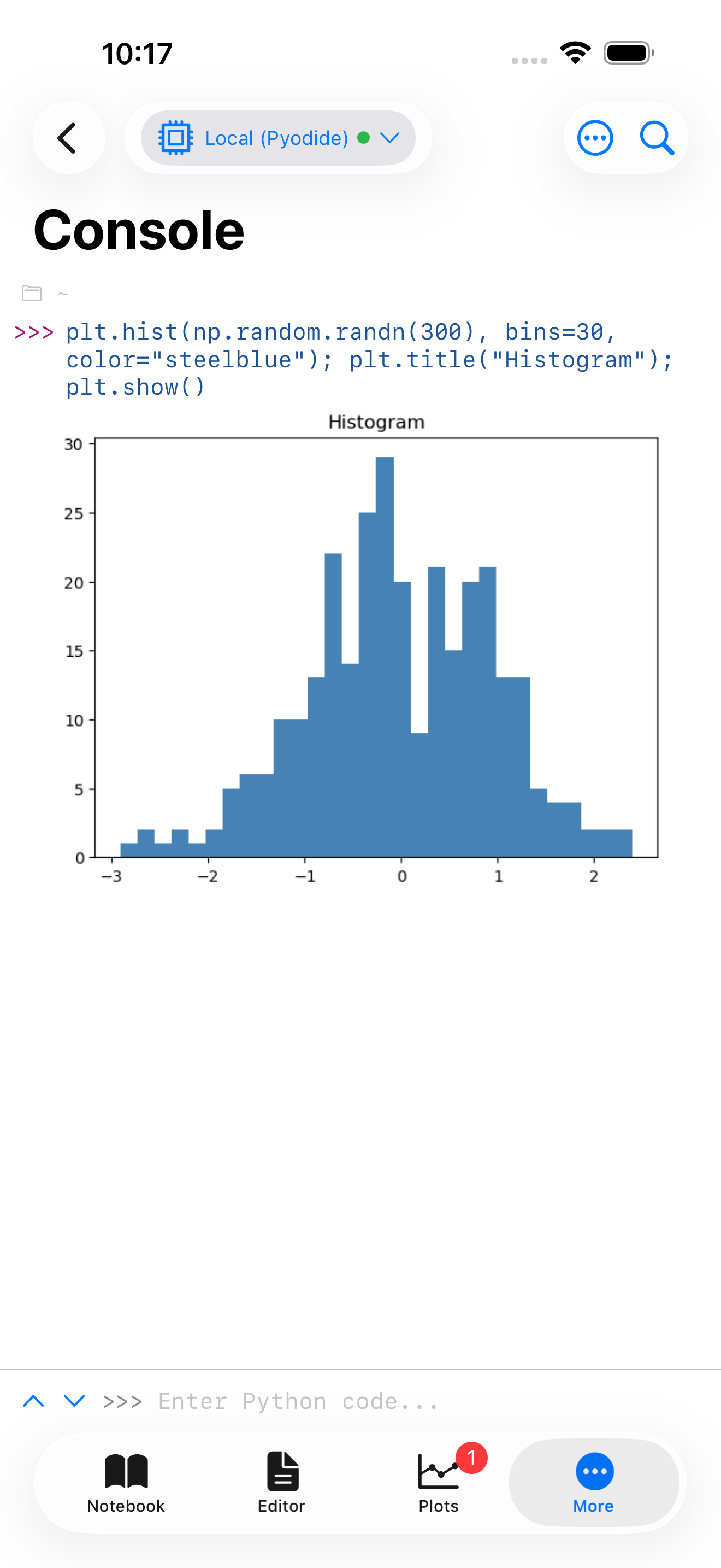 Console showing a histogram inline after plt.show() on iPhone