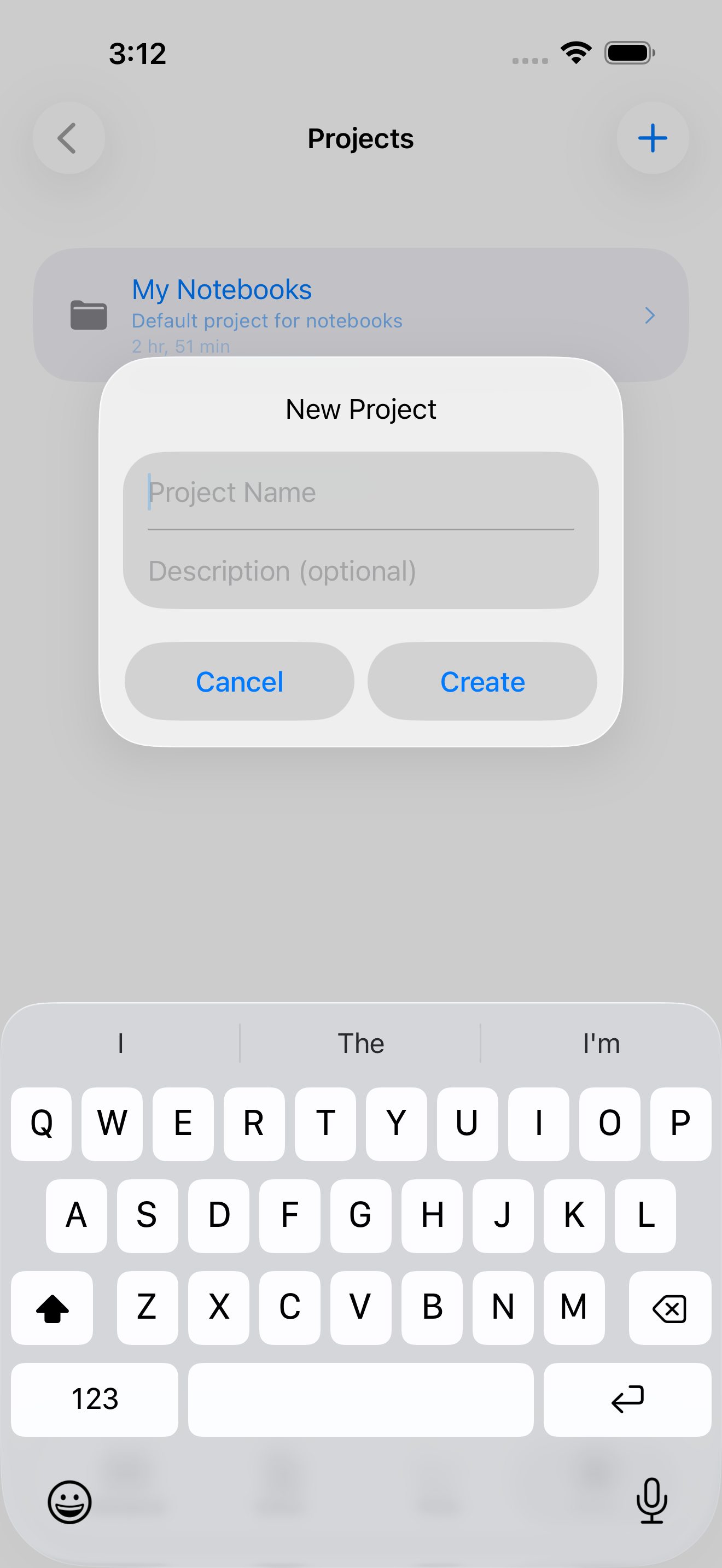 New Project dialog on iPhone with fields for a name and an optional description
