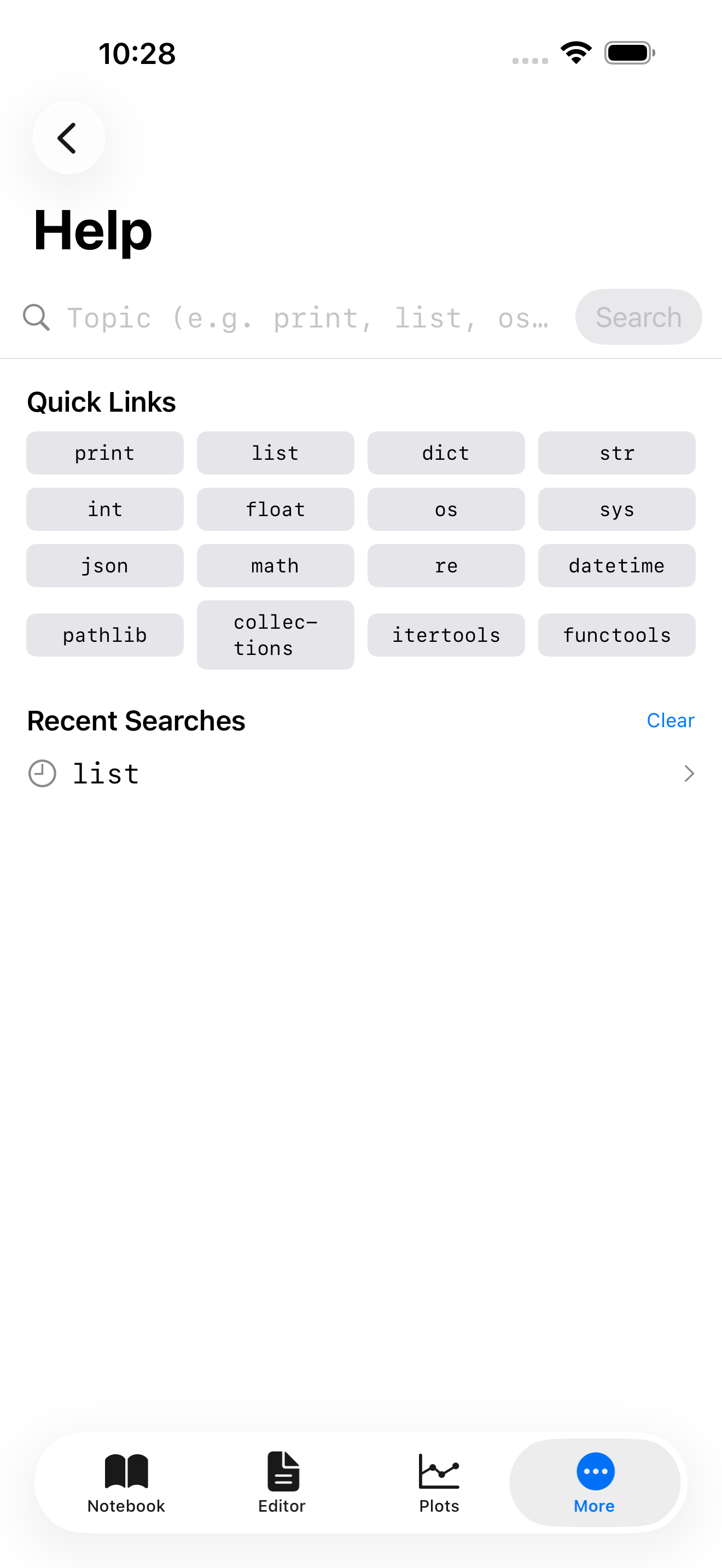 Help tab on iPhone showing Quick Links grid with print, list, dict, and other common Python topics