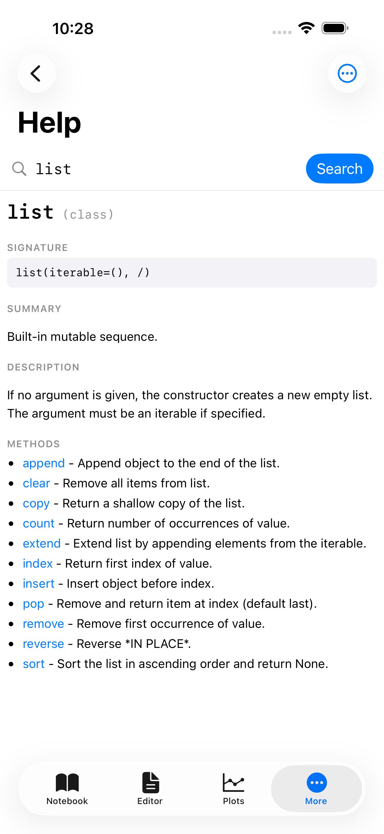 Help tab on iPhone showing the pydoc HTML result for the 'list' type